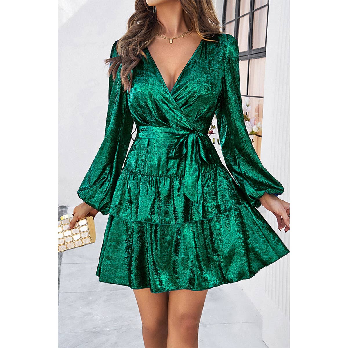 Supreme Fashion - Wholesale Dress - Women's - Deep V Neck Ruffle Cross Knot Belt Fit Midi Dress0