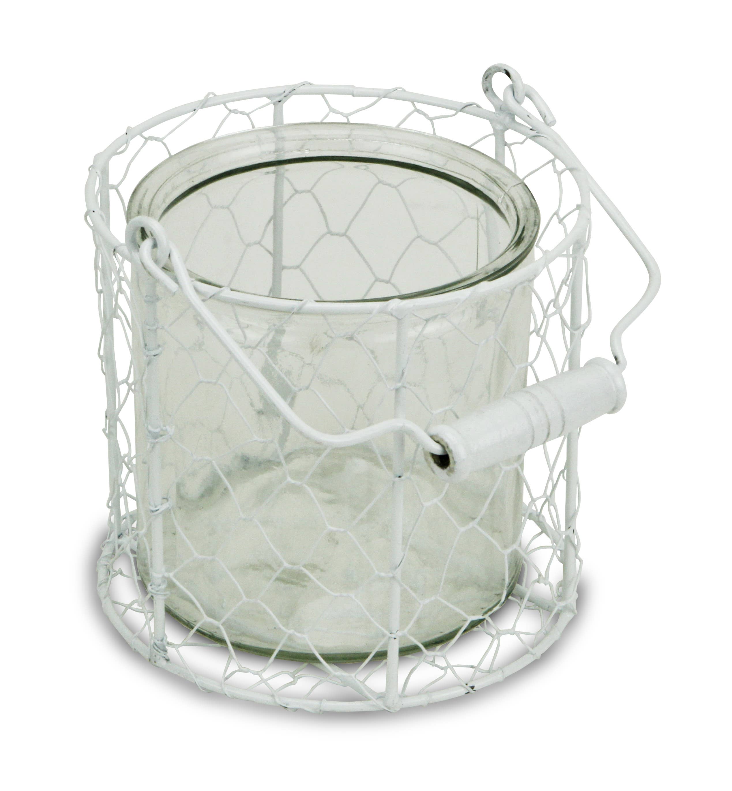 Cheungs Home Decor - Wholesale Decoratieve pot - Ronde glazen pot van Belen in witte draadmand1