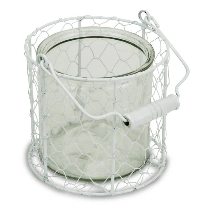 Cheungs Home Decor - Wholesale Decoratieve pot - Ronde glazen pot van Belen in witte draadmand1