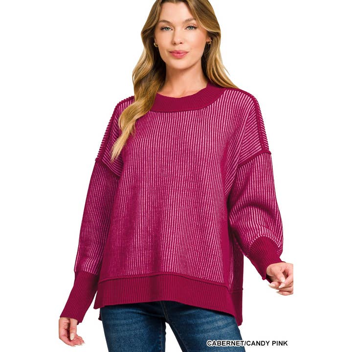 Style Up – wholesale Sweatshirt – Women's – EXPOSED SEAM TWO TONE SWEATER HI LOW SIDE SLITS