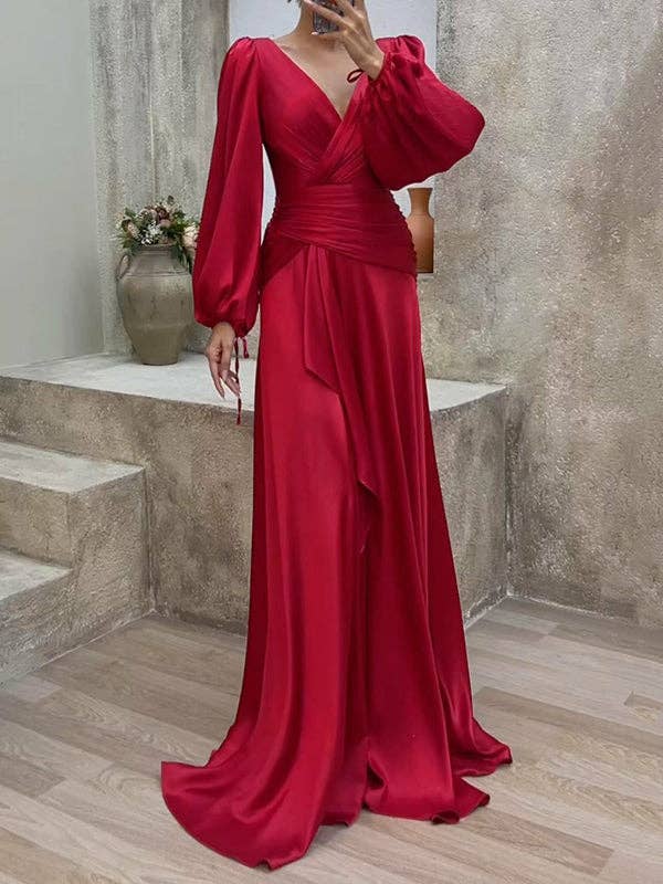 FurDecoration - Wholesale Gown - Women's - Look-Thin Pleated Solid Color V-Cut Long Sleeves Maxi Dresses6