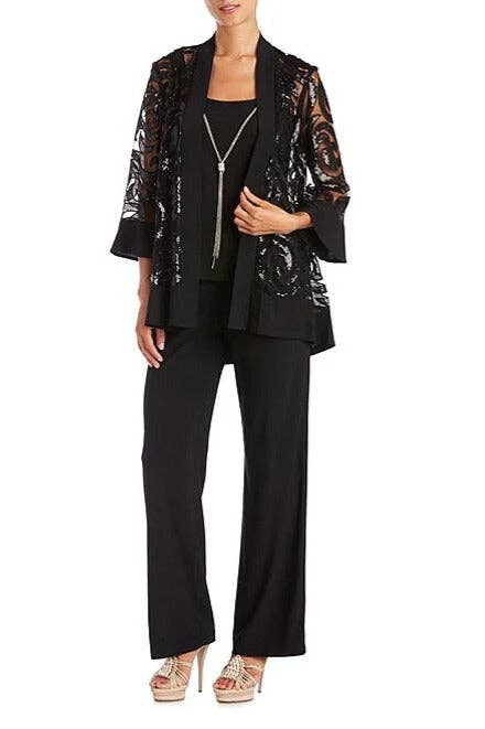 Immediate Apparel - Wholesale Suit Set - Women's - R&M Richards Scoop Neckline Top Sequin Jacket Straight Hemline Pant Suit Set Dress with Detachable Necklace7