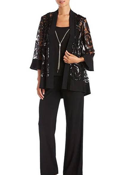 Immediate Apparel - Wholesale Suit Set - Women's - R&M Richards Scoop Neckline Top Sequin Jacket Straight Hemline Pant Suit Set Dress with Detachable Necklace7
