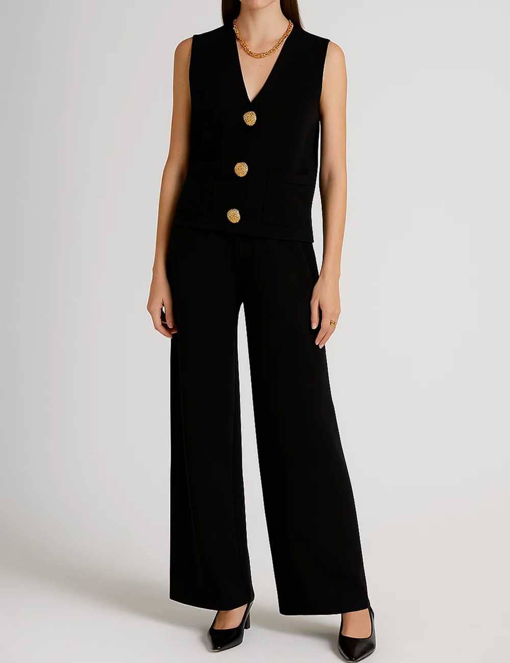 Sweetkama - Vendita all'ingrosso Completo top e pantaloni (NON loungewear) - Donna - Completo 2 pezzi: Gilet e Pantaloni a Maglia con Bottoni e Scollo a V a Tinta Unita da Donna6