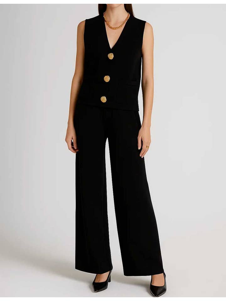 Sweetkama – Engroshandel Top- og buksesæt (IKKE Loungewear) - Dame – Dame Ensfarvet V-hals Knap Strikvest & Bukser 2-delt Sæt6