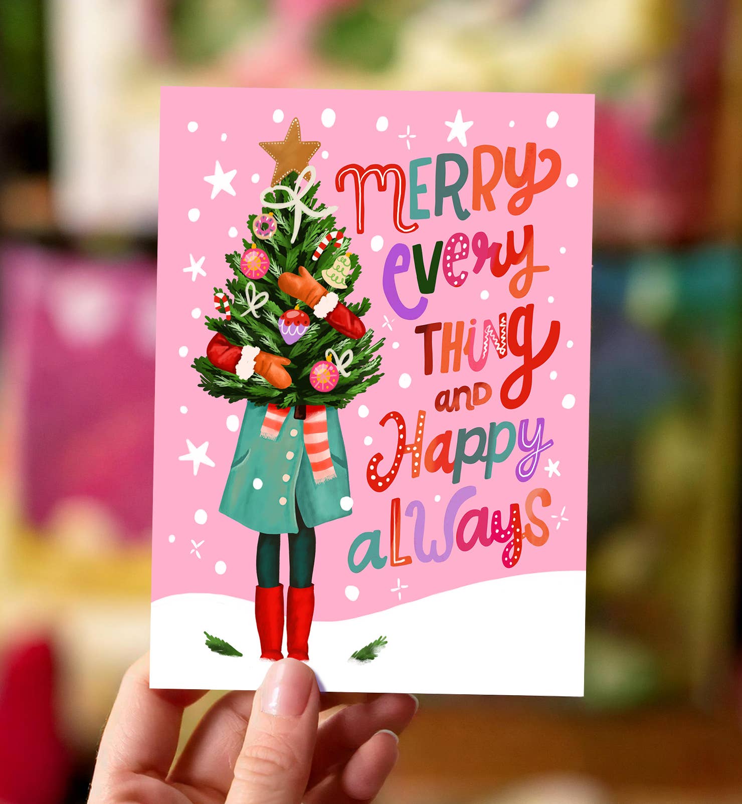 Aniet Illustration - Vente Cartes de Noël - Carte de Noël femme avec arbre de Noël - Joyeux tout, bonheur toujours1