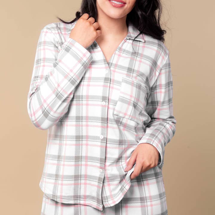 Pink and Grey Plaid Pajama Top | Cloud Plush Long Sleeve PJs for wholesale by Amanda Blu