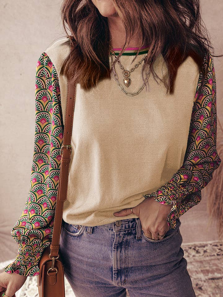 LALA LOO - Wholesale Knitted jumper – Women′s - LALALOO Floral Patchwork Puff Sleeve Sweater8