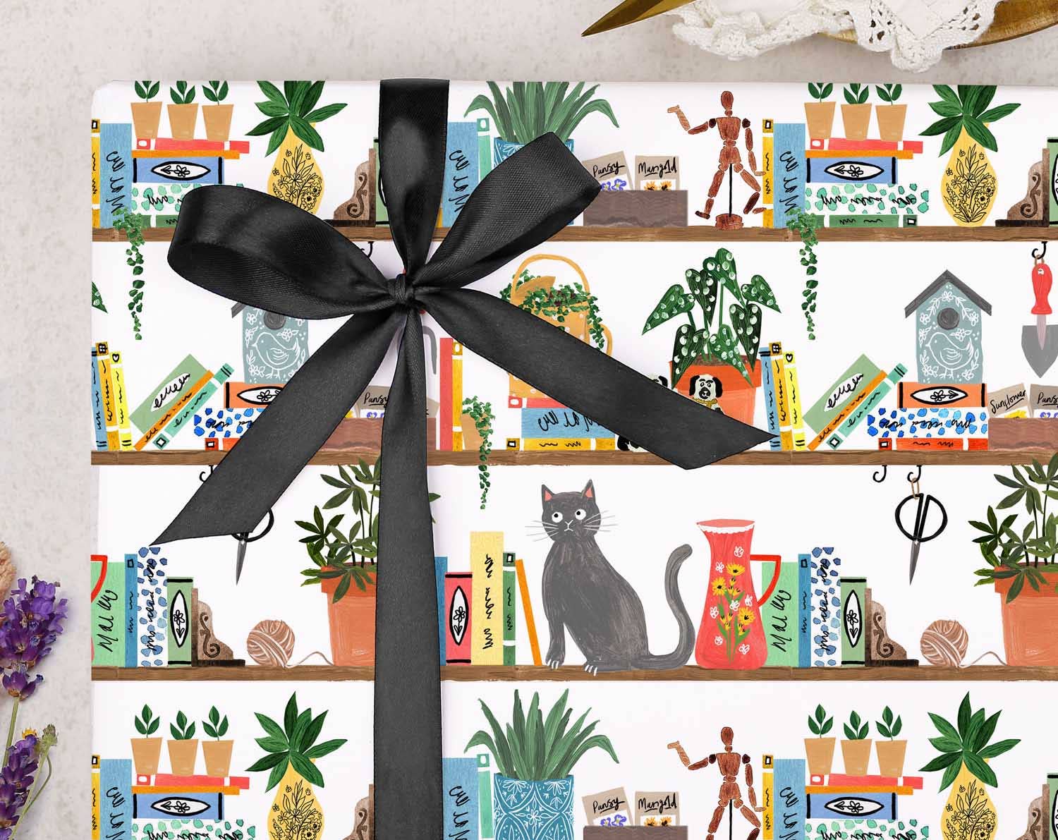 Making Meadows Ltd – wholesale Flat wrap – Cat On Bookcase Wrapping Paper | Gift Wrap1