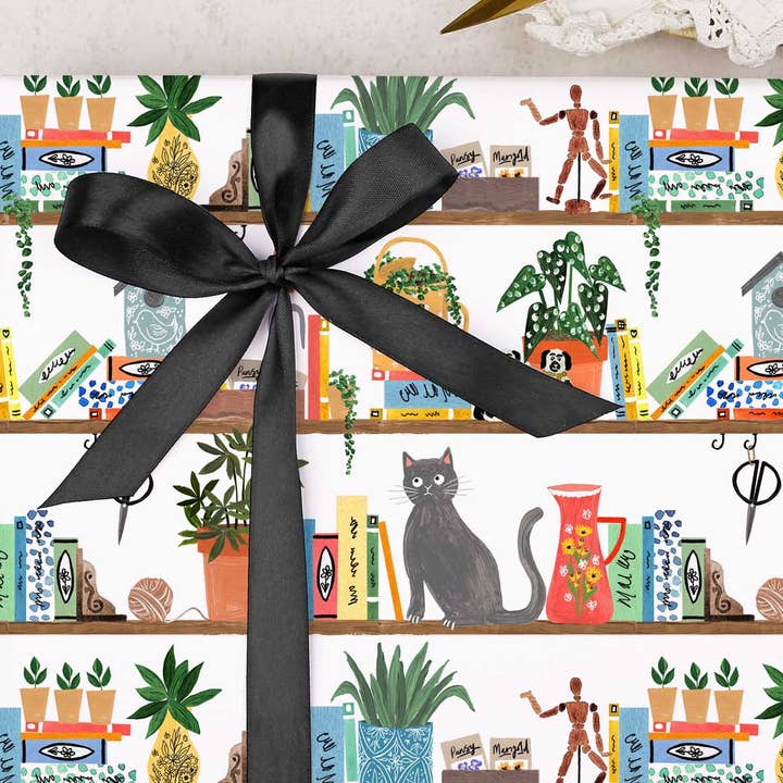 Making Meadows Ltd - Wholesale Flat Wrap - Cat On Bookcase Wrapping Paper | Gift Wrap1