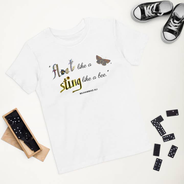 "Float like a butterfly, sting like a bee." Muhammad Ali *organic cotton t-shirt kid-size for wholesale by Pétalos fresh pressed designs