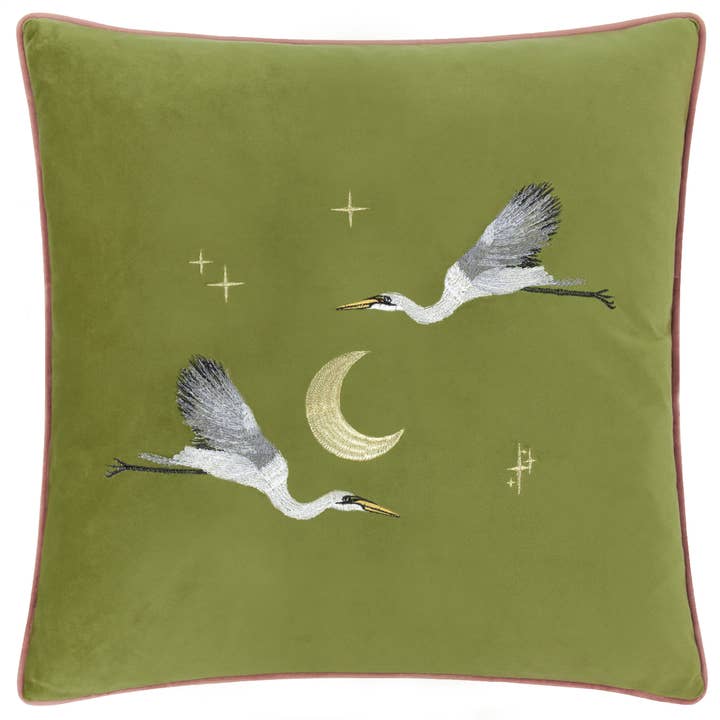 Moonlit Flight Embroidered Velvet Cushion Olive for wholesale on Faire1