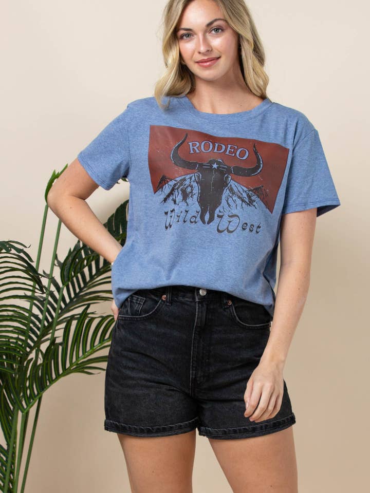 T-SHIRT DE ALGODÃO AV1205-ROY RODEO WILD WEST LONGHORN GRÁFICA por atacado de Avery