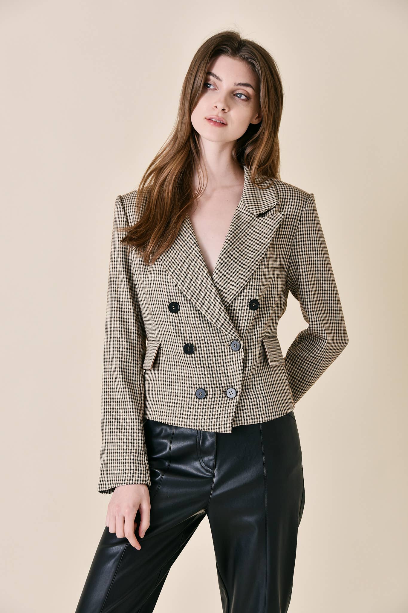 BROWN MULTI PREPPY TEXTURED PLAID DOUBLE BREASTED BLAZER-OI6000FO for wholesale on Faire3