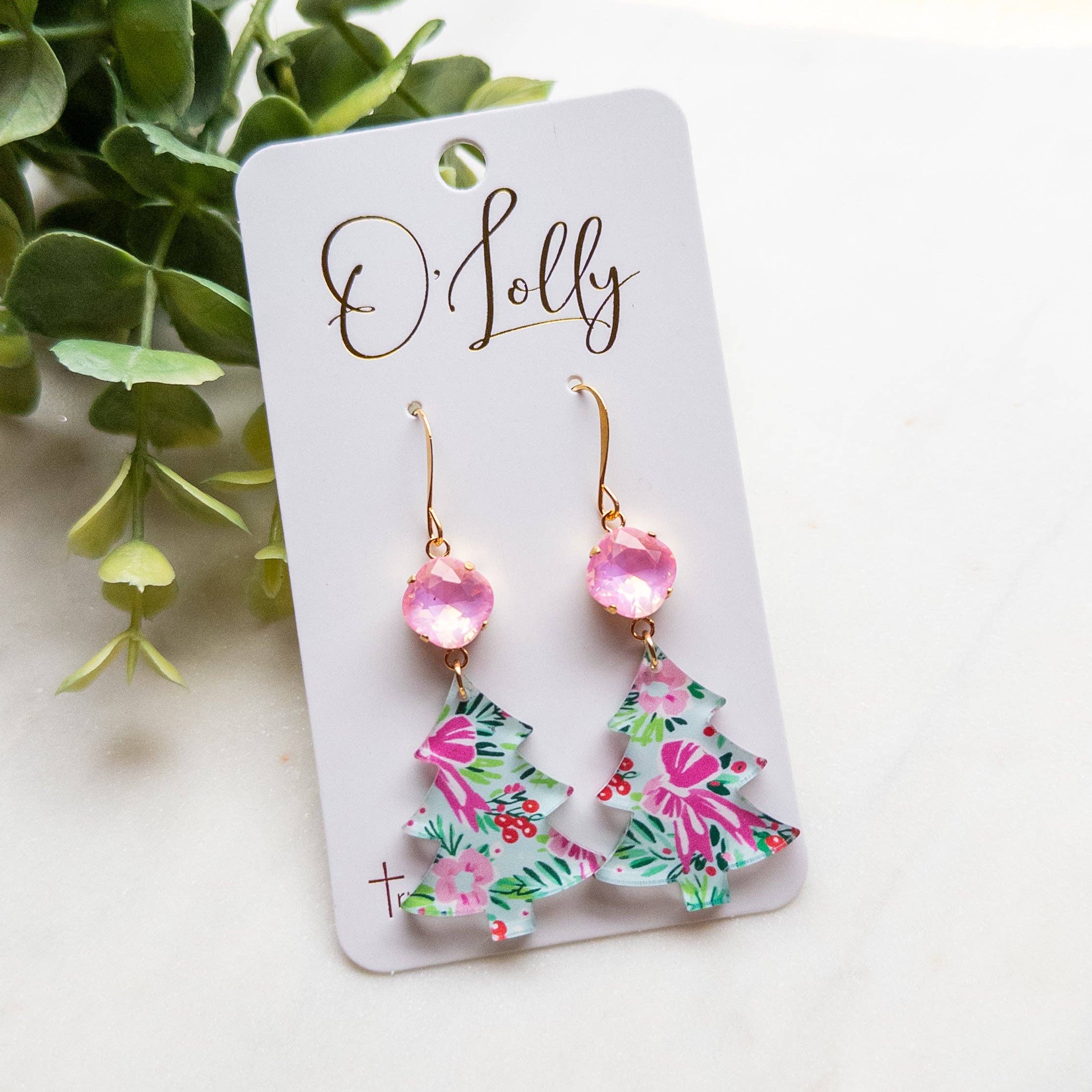 O’Lolly Jewelry - Wholesale Dangle Earrings - Pink/Green Christmas Tree w/Pink Stone0