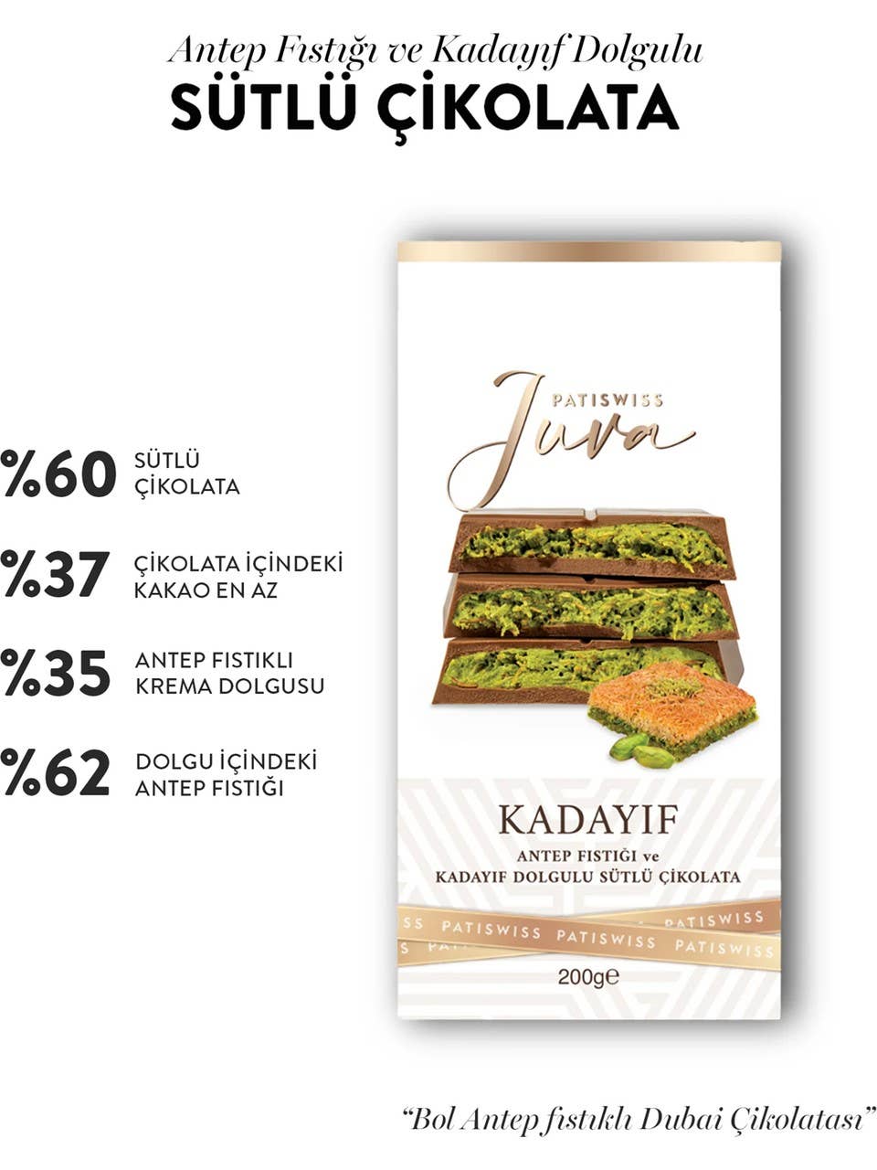 Pistest - Venta al por mayor Chocolate - Chocolate de Dubái con pistachos y kadayif 200g6