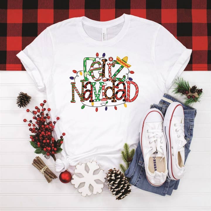Peach Closet - Wholesale Screen Printed T-Shirt - Women's - Feliz Navidad With Different Print Patterns & String Lights