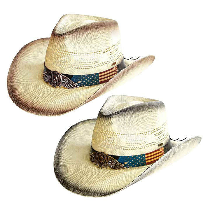 Fashion City – wholesale Cowboy Hat – Women’s – American Flag Printed Band Tea-Stain Vented Cowboy Hat5
