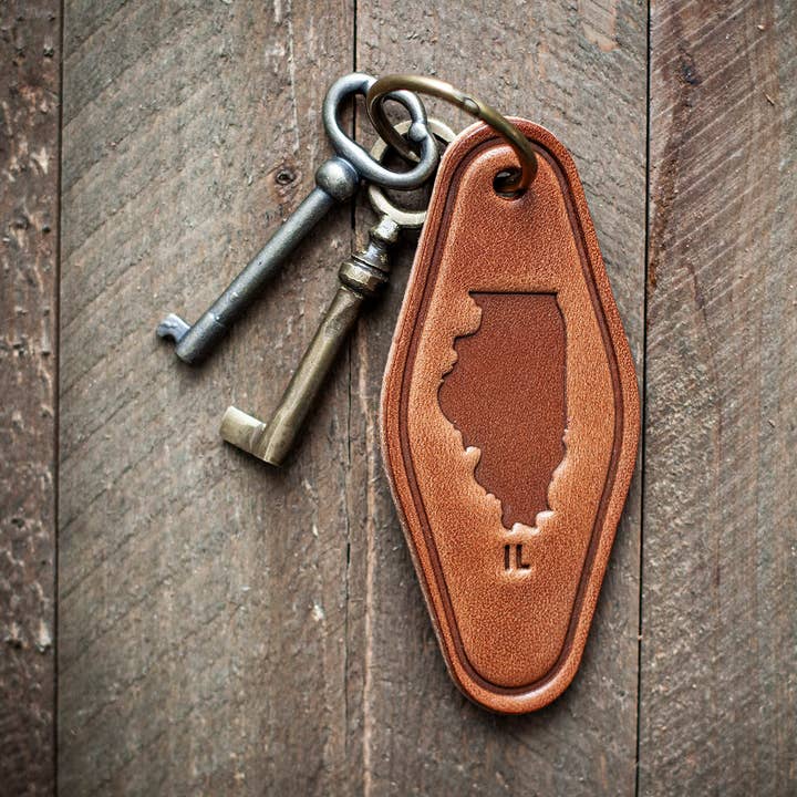 Illinois State Silhouette Leather Keychain Motel Style for wholesale by Sugarhouse Leather
