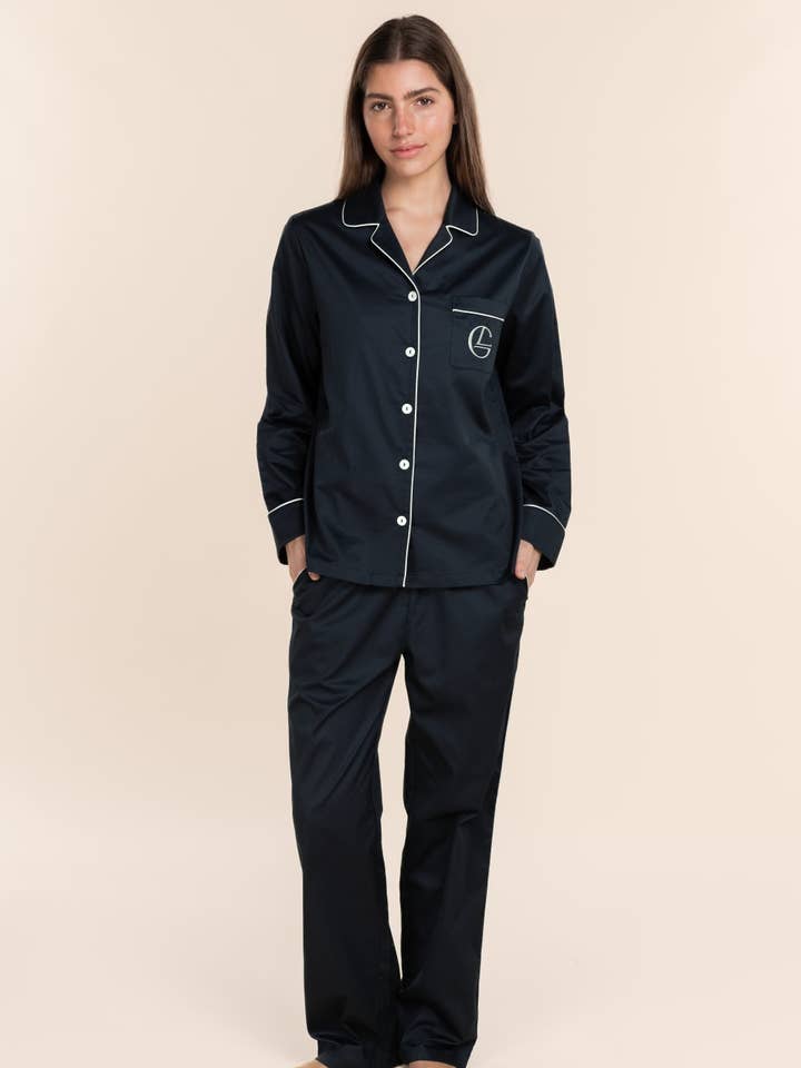 Baumwoll-Pyjama-Set Lang - Susanna Marineblau für den Großhandel von Gingerlilly