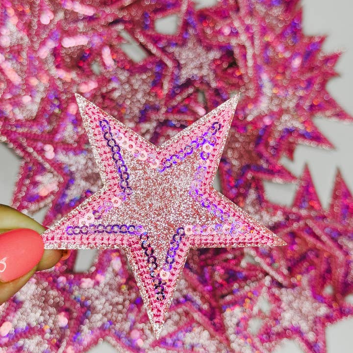 TEELUX - Wholesale Patch - 3" Pink Sequin & Glitter STAR - Glitter Embroidered Hat Patch2