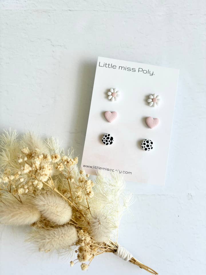 Triple Mini Daisy & Heart Stud Pack - Dusty Pink for wholesale by Little Miss Poly