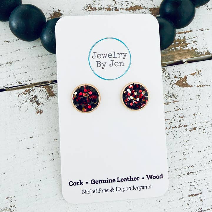 Stud Earrings: Red/Black/Gold Glitter for wholesale by Jewelry By Jen