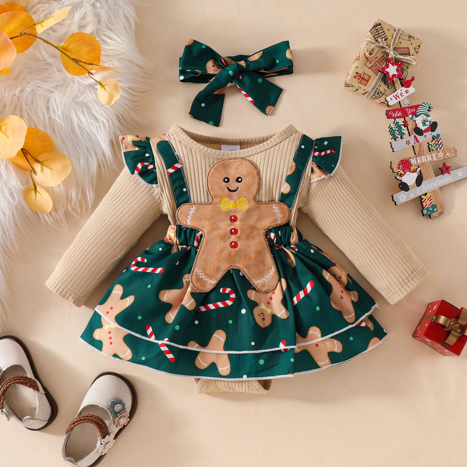 Fennco Styles - Wholesale Clothing Set - Baby - Gingerbread Man Baby Dress & Headband1