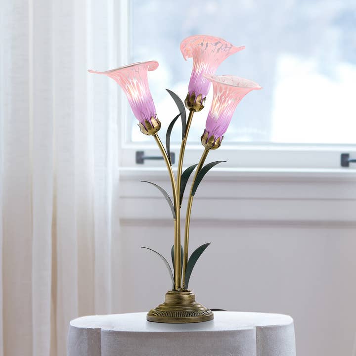 23.5"H Pink 3 Shade Handblown Glass Calla Lily Table Lamp for wholesale by River of Goods