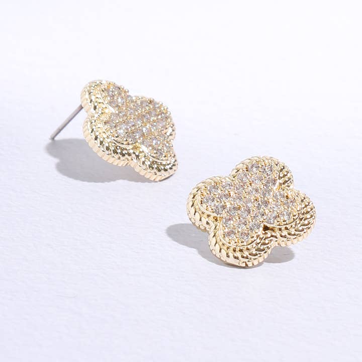 MULTI Gold Plated CZ Clover Two-Tone Post Earrings for wholesale on Faire