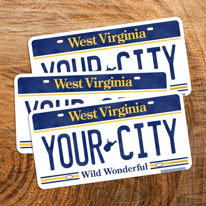 West Virginia Plate Souvenir Sticker with Your City, Text for wholesale by Skylark Printing