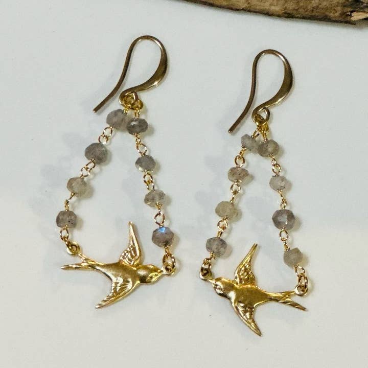 Sparrow Earring – Brass Bird on Gemstone Chain for wholesale by Santore Jewelry Company