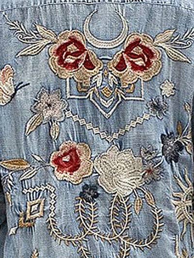 Light Embroidered Pocketed Button Up Denim Shirt for wholesale on Faire