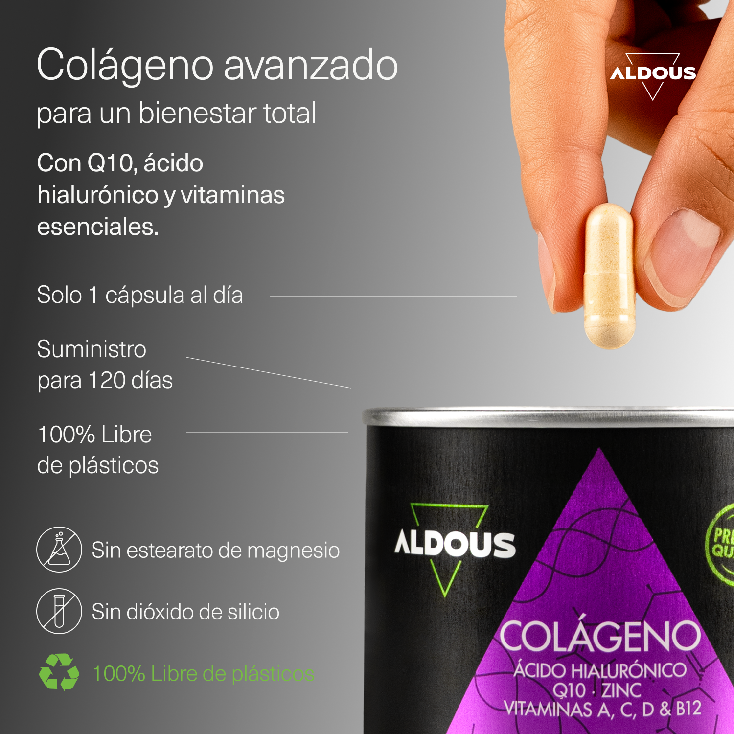 Aldous Bio – Suplemento/vitamina oral por atacado – Aldous Colágeno com Ácido Hialurônico | 120 cápsulas1
