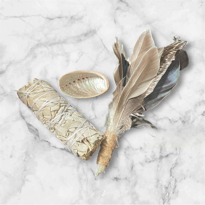Wild Serenity Moon – wholesale Sage bundle – Sage Smudge Kit –Feather Wand, 4" White Sage & Abalone Shell3