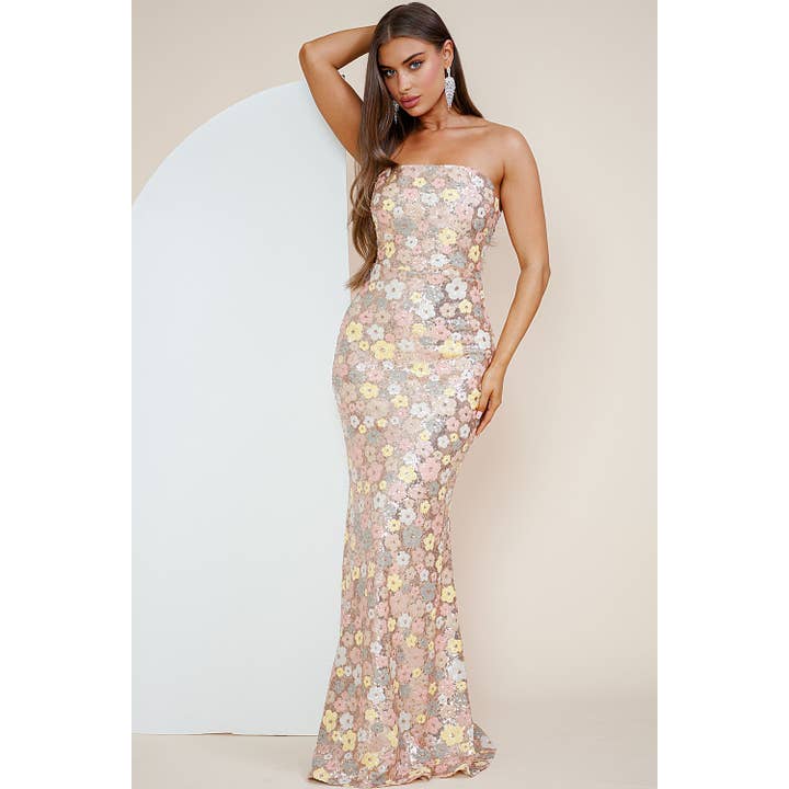 MD208 STRAPLESS FLORAL SEQUIN MAXI DRESS for wholesale by Maniju