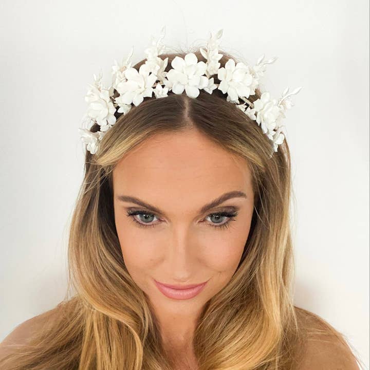 Nicholls Jewellery – wholesale Tiara – Women’s – Porcelain Flower and Silver Leaf Crown4