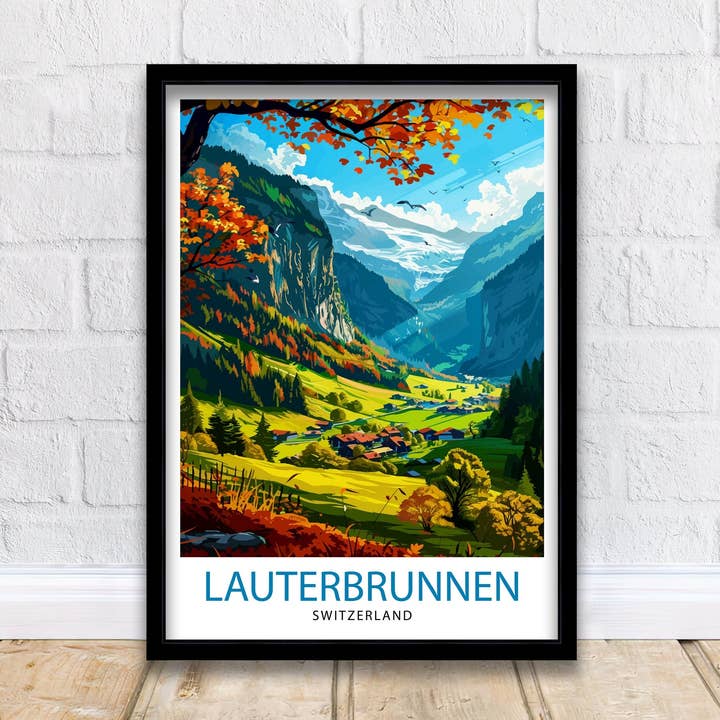 Lauterbrunnen Switzerland Poster Alpine Valley Art Swiss Waterfall Poster Mountain Village for wholesale by InkNPrintz