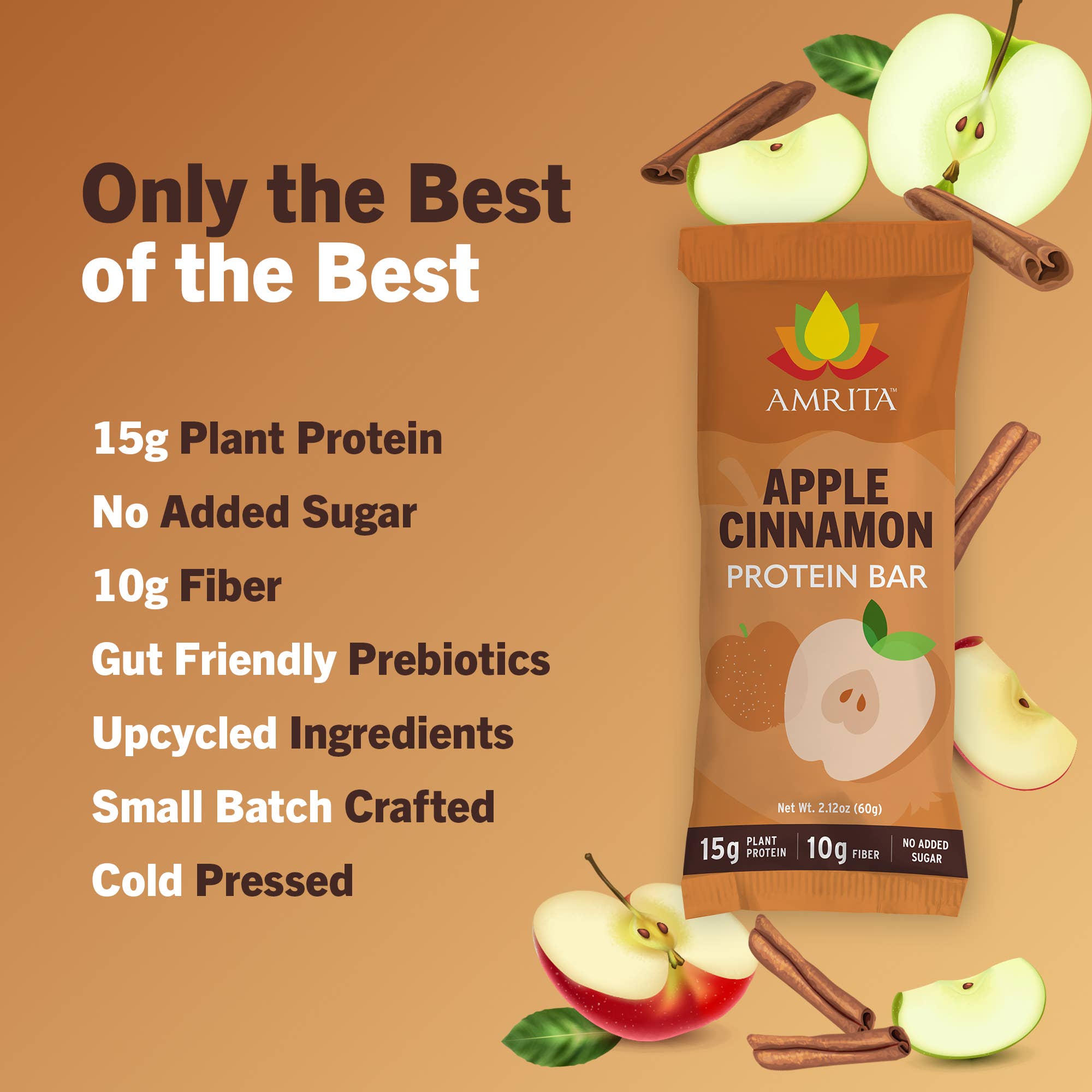 Amrita Health Foods - Wholesale Snack Bar - Apple Cinnamon Protein Bars, High Fiber, No Added Sugar5