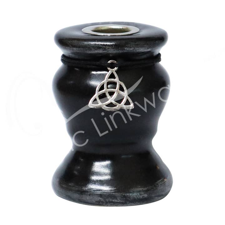 Oceanic Linkways Inc - Wholesale Spiritual Stone/Crystal - (PC)MINI CANDLE HOLDER - CERAMIC, BLACK TRIQUETRA 2.25"H X0