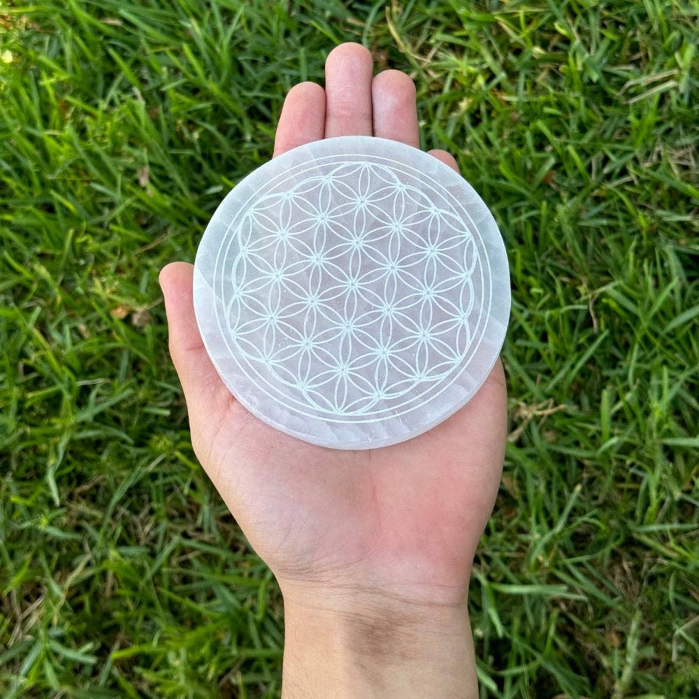 Earths Elements Wholesale - Vente Plaques de charge pour cristal - Sélénite - Dessous de Verre Fleur de Vie1