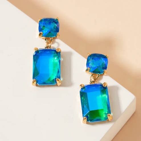 StarryNYC - Wholesale Dangle Earrings - Double Square Linked Crystal Glass Dangle Earrings8