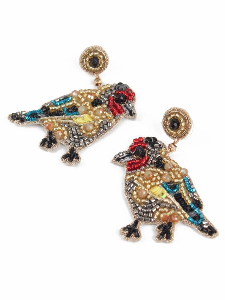 BEADED GOLDFINCH SMALL BIRD DROP EARRINGS for wholesale by My Doris