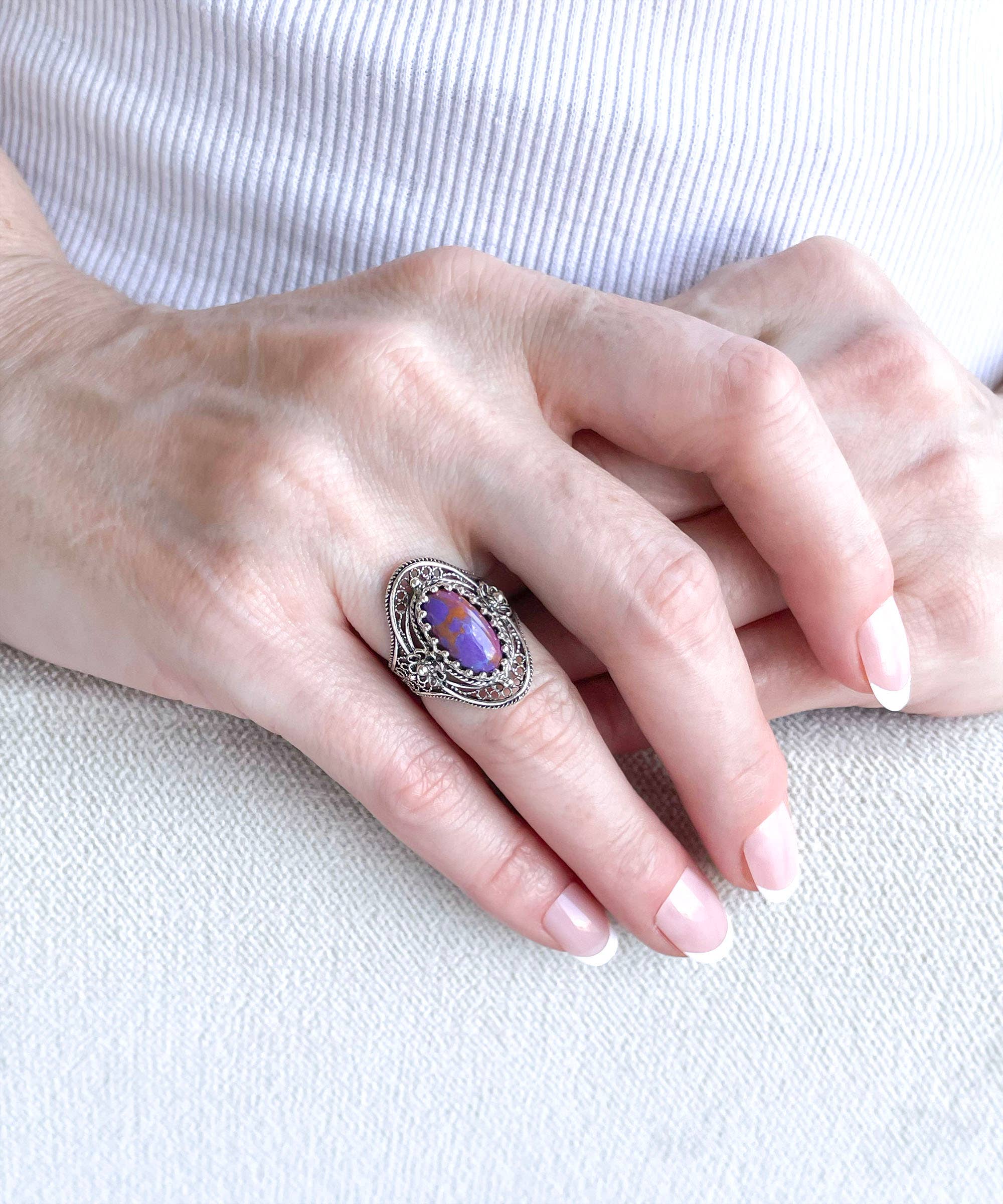 Filigranist Jewelry - Vente Bague de cocktail/de cérémonie - Bague de cocktail en argent sterling pour femme en forme de filigrane Mojave, turquoise, pierre précieuse9