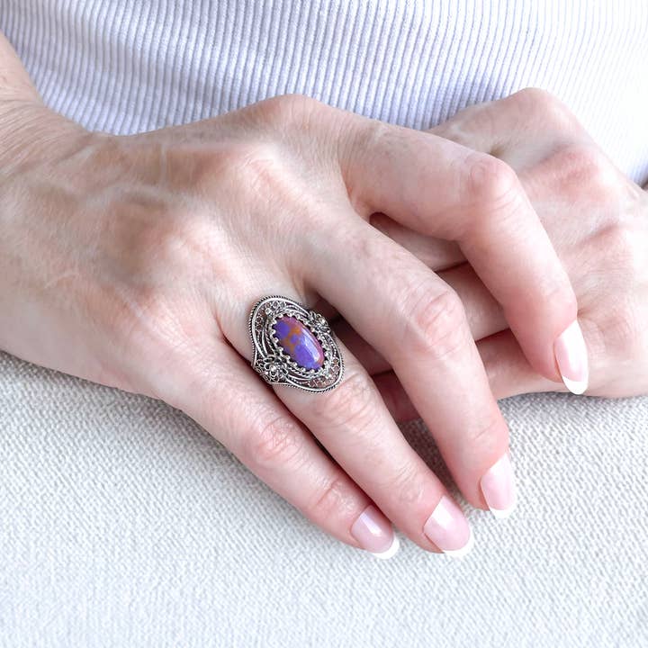 Filigranist Jewelry - Vente Bague de cocktail/de cérémonie - Bague de cocktail en argent sterling pour femme en forme de filigrane Mojave, turquoise, pierre précieuse9