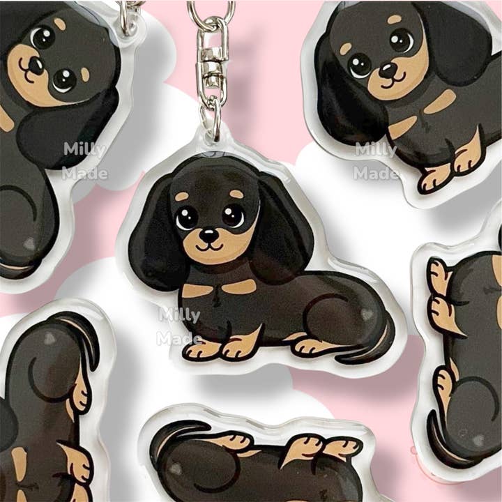 Black and Tan Dachshund Shorthaired Doxie Acrylic Dog Keychain with Epoxy Resin | Easy-Clip, Cute Dog Cartoon, Hand-Drawn Design, Dog Lover Gift for wholesale by Milly Made Designs
