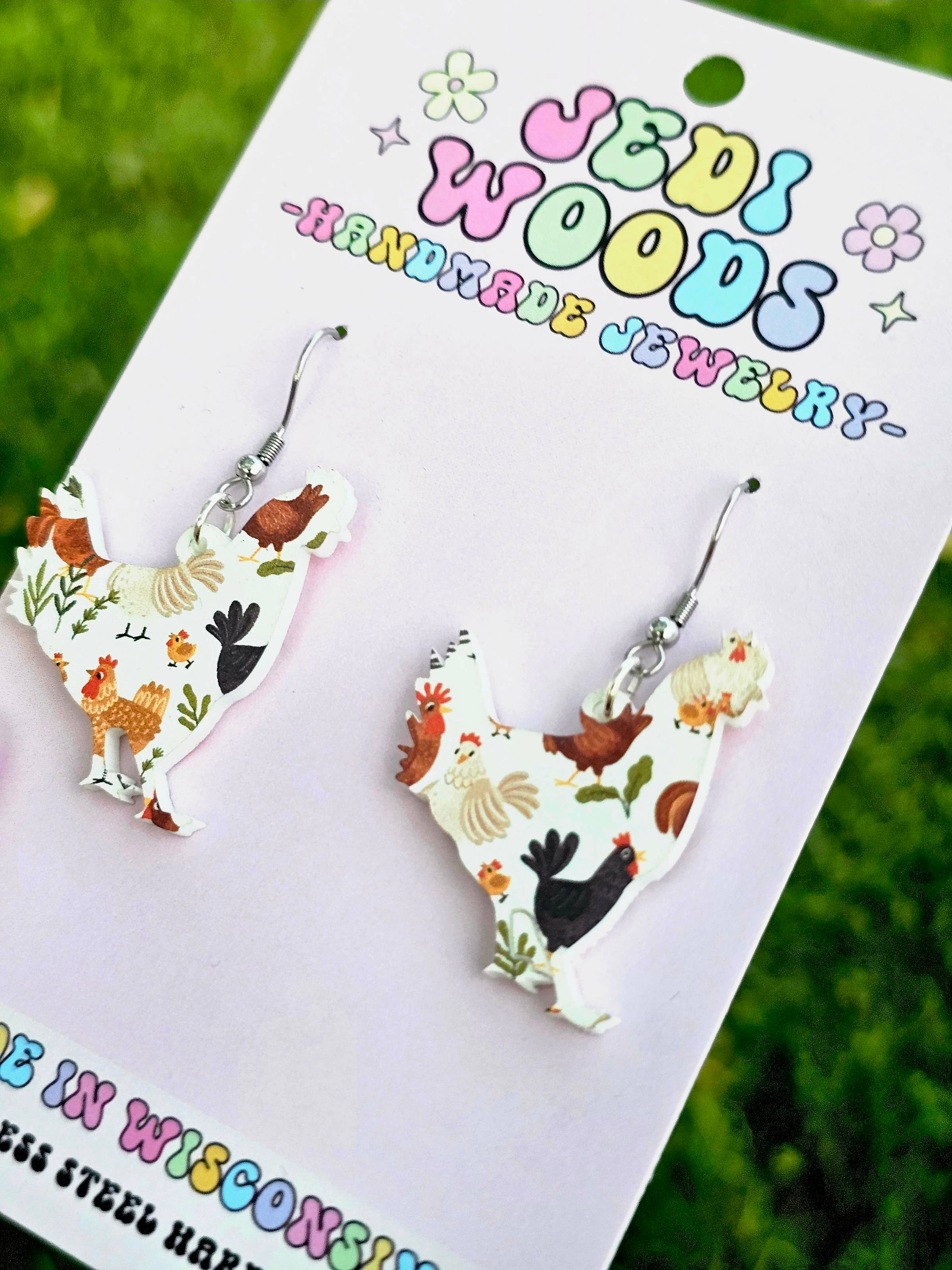 Jedi Woods LLC - Vente Boucles d'oreilles pendantes - Boucles d'oreilles en forme de poulet avec détails en acier inoxydable1