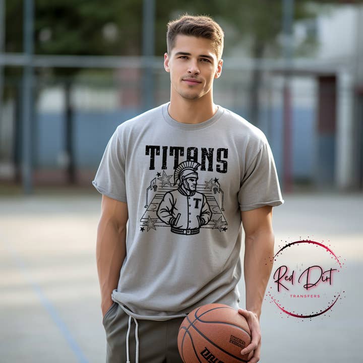 Red Dirt Transfers - Wholesale T-Shirt (Graphic) - Men's - Titans Basketball Letterman T-Shirt | Trendy School Spirit Shirt | Fast Shipping | Super Soft Shirts for Men/Women/Kid's1