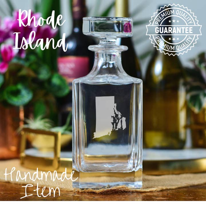 State of Rhode Island Etched Glass Whiskey Decanter for wholesale by Honeysuckle Home