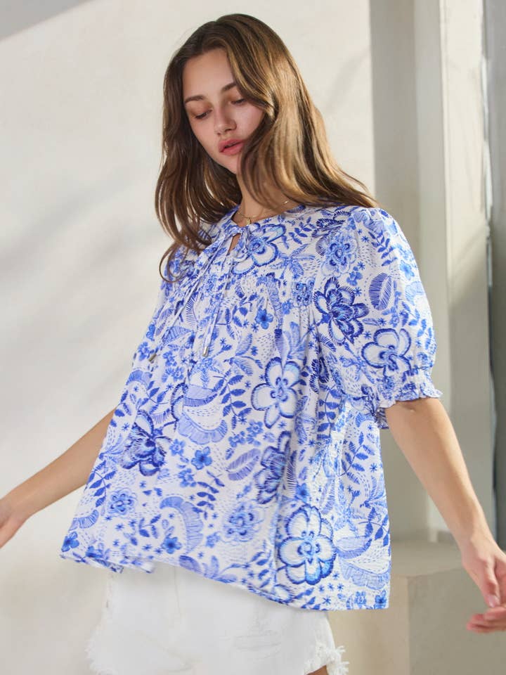 Blue Multi Summer Resort Printed Short Sleeve Blouse for wholesale on Faire